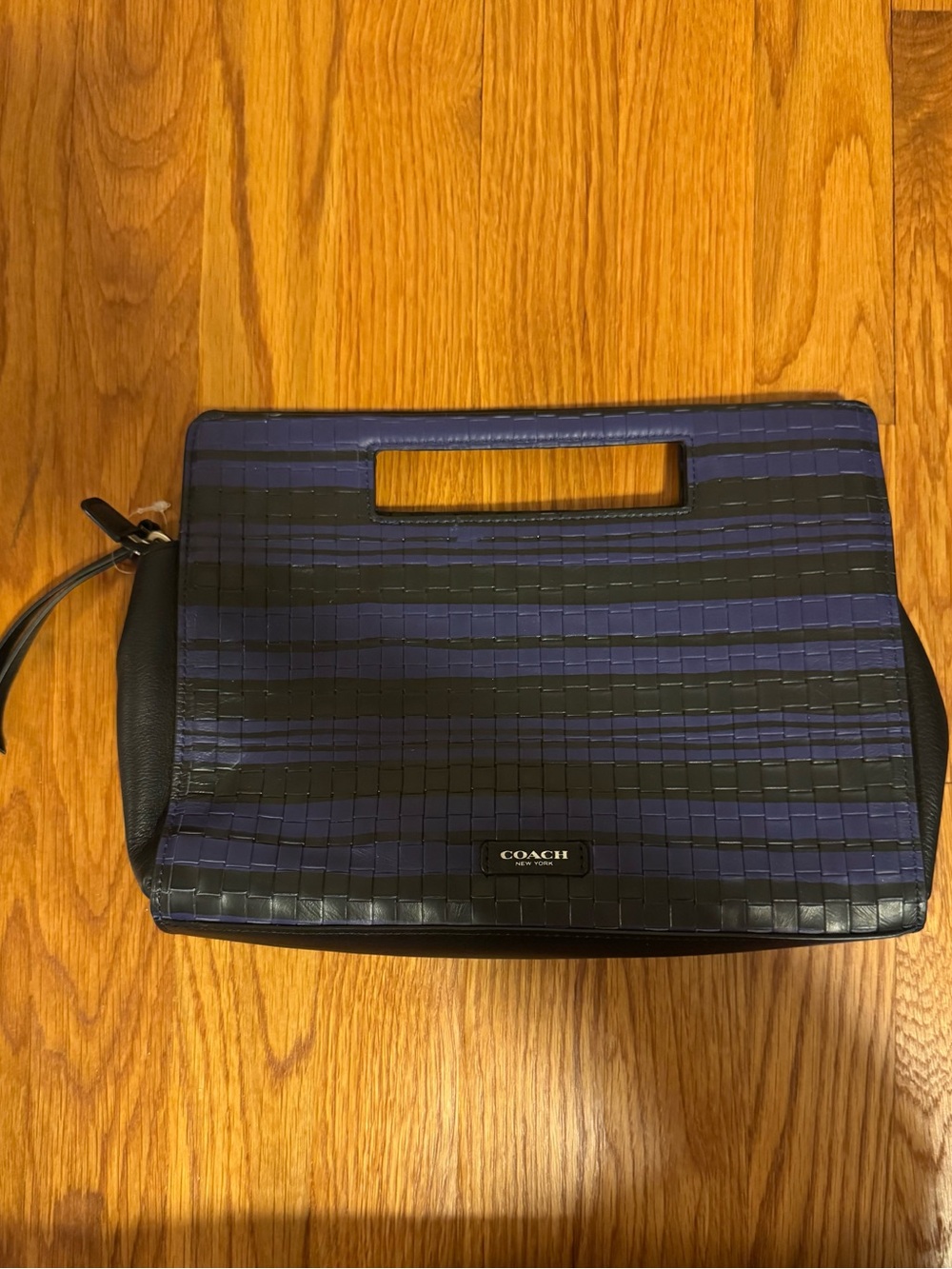Coach Navy & Black Woven Leather Clutch with Cutout Handle